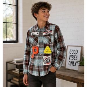 Kleep Youth "Love To Kleep" Soft Patch Flannel Button Down Shirt Boy's 13-14